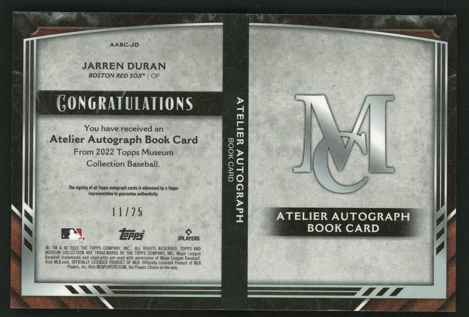 2022 Topps Museum Collection Atelier Jarren Duran #AABC-JD Auto /25