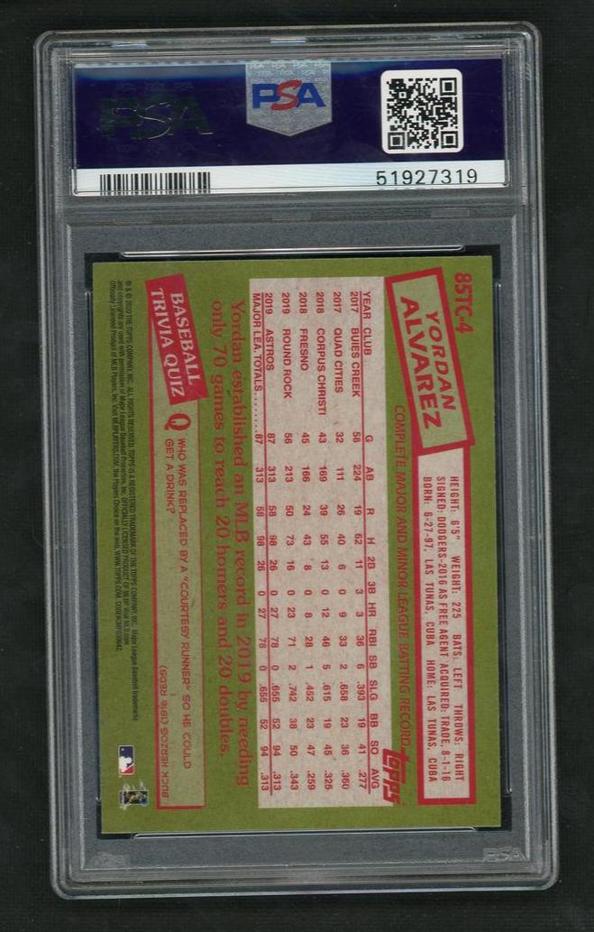 2020 Topps Chrome 85TC4 Yordan Alvarez 1985 Topps Rookie PSA 10 Gem Mint Houston Astros