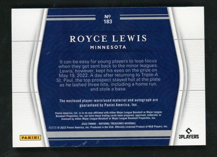2022 Panini National Treasures Royce Lewis #183 RC Patch Auto /25
