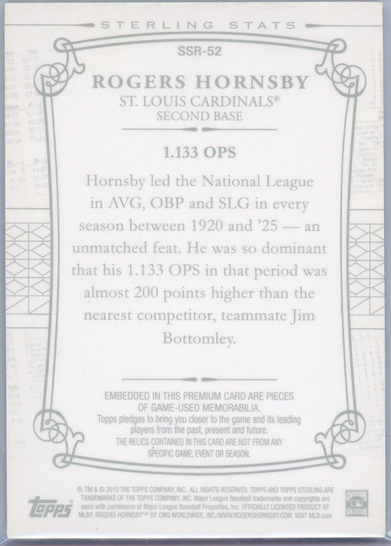 2010 Topps Sterling Sterling Stats Rogers Hornsby #SSR-52 Bat Relic 1/1