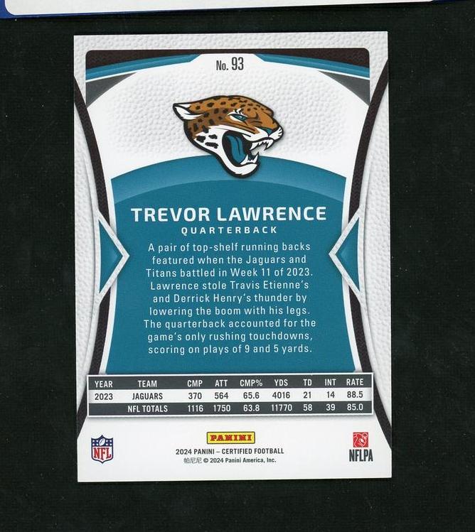 2023 Panini Certified 93 Trevor Lawrence Jaguars Auto