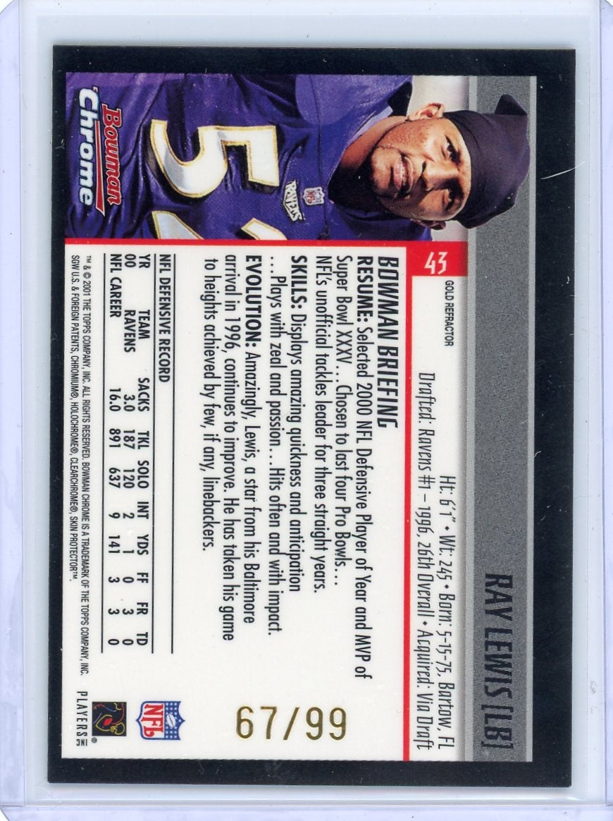 2001 Bowman Chrome #43 Ray Lewis Gold Refractor Gold /99 Baltimore Ravens