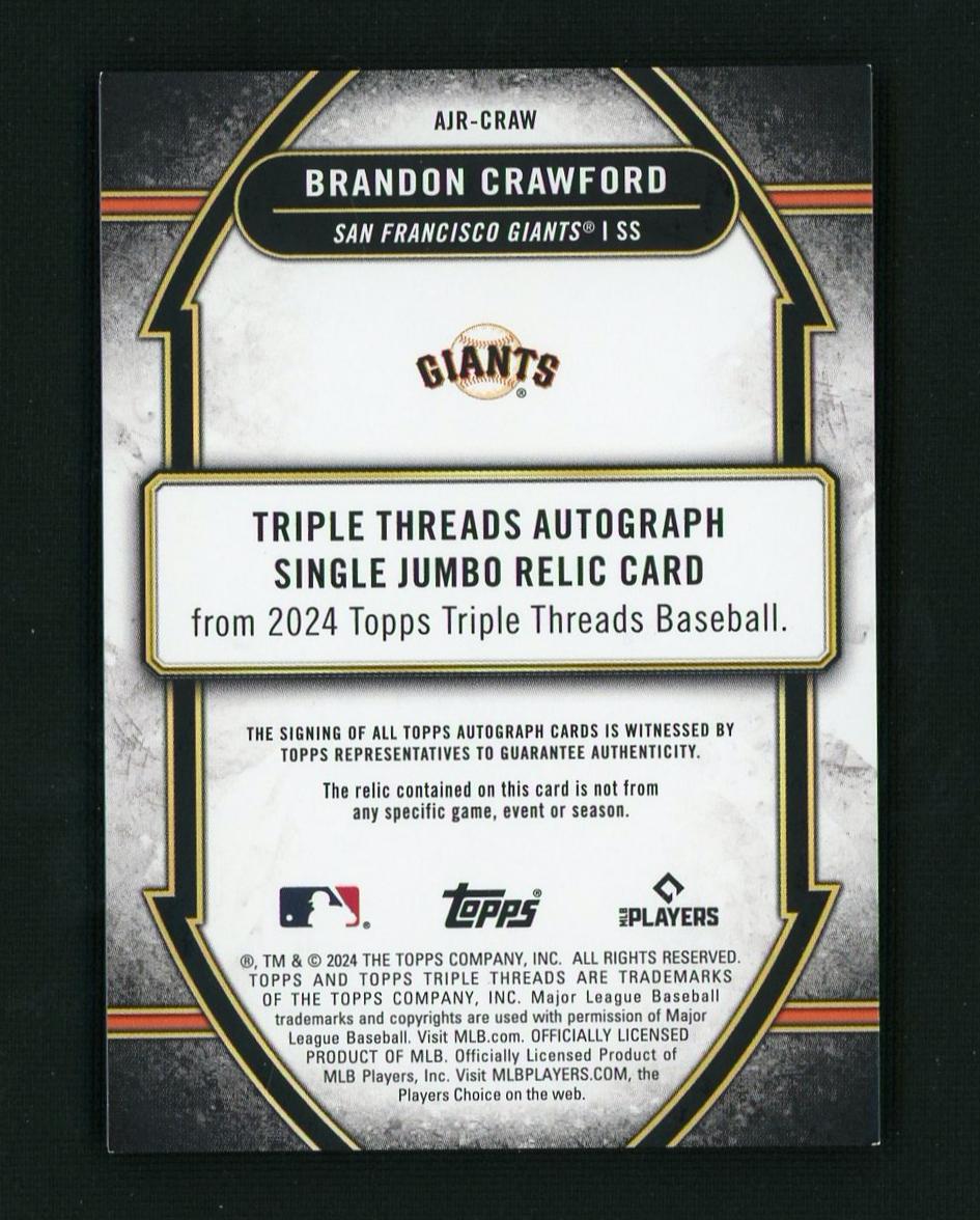 2024 Topps Triple Threads AJR-CRAW Brandon Crawford Triple Threads Autograph Single Jumbo Relic Card /99 San Francisco Giants