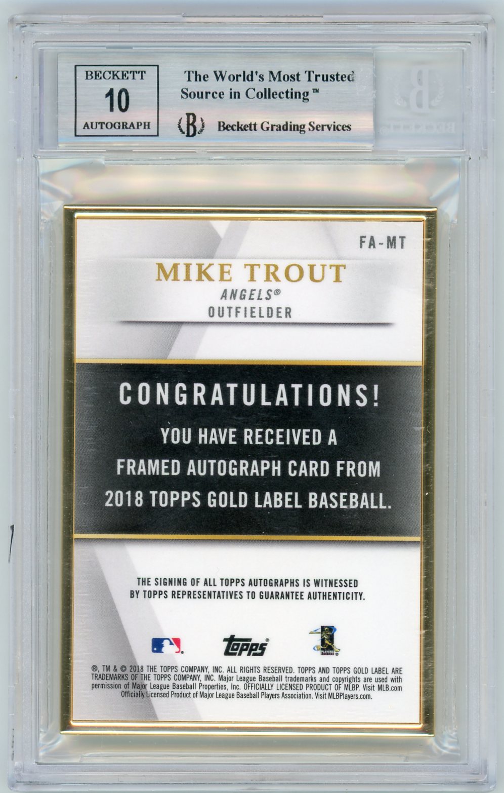 2018 Topps Gold Label Gold Mike Trout #FA-MT Auto 1/1 BGS 9 Auto 10