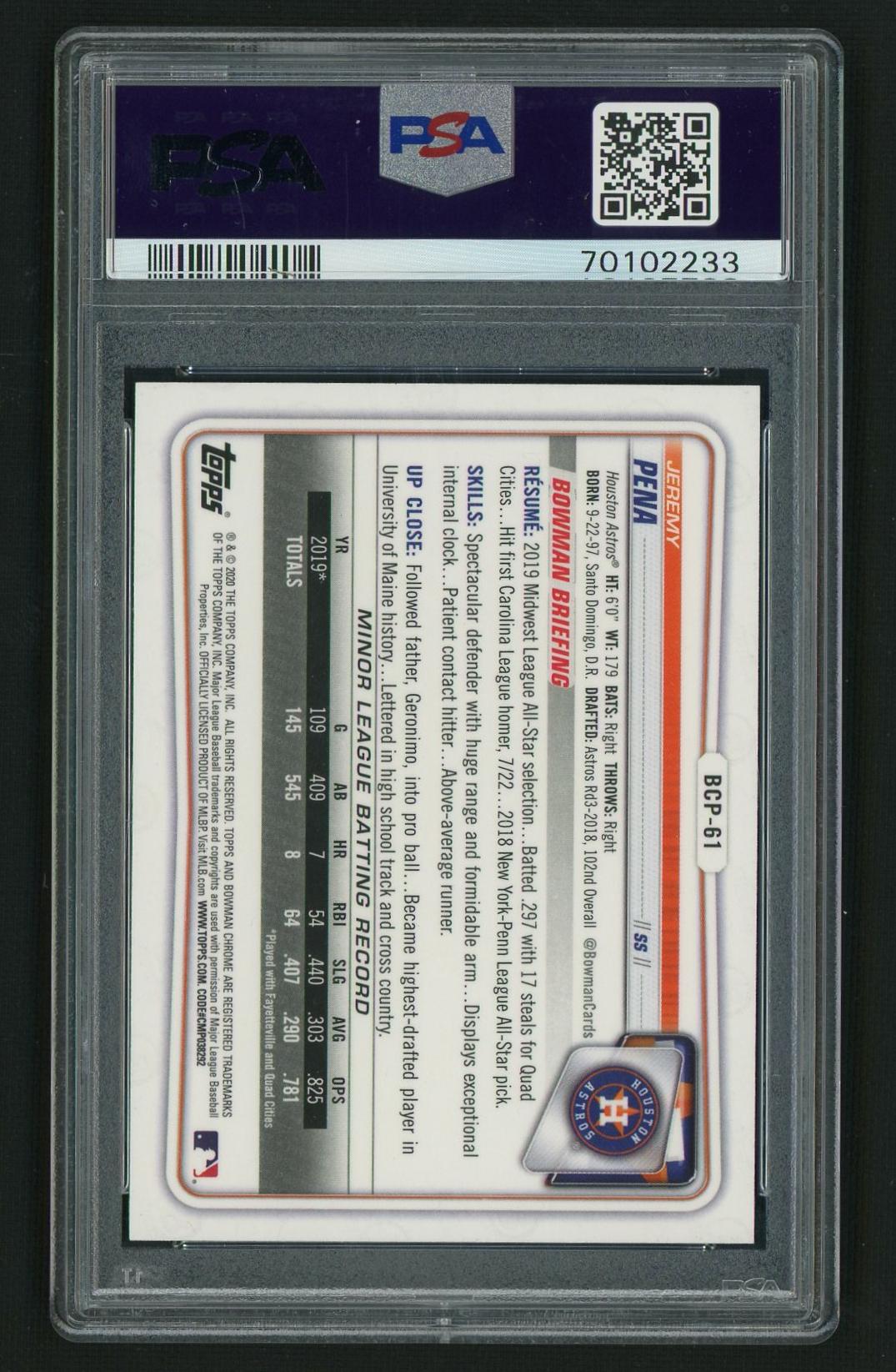 2020 Bowman Chrome Prospects Jeremy Pena #BCP61 PSA 10