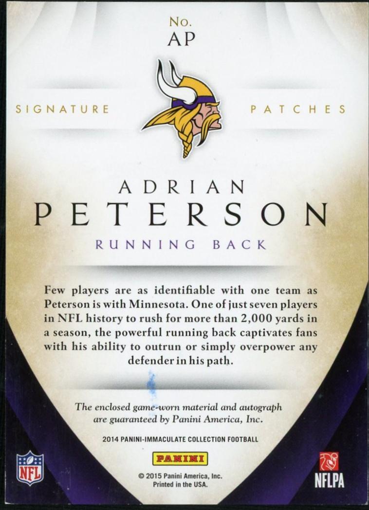 2015 Panini Immaculate AP Adrian Peterson Signature Patches /60 Minnesota Vikings Auto