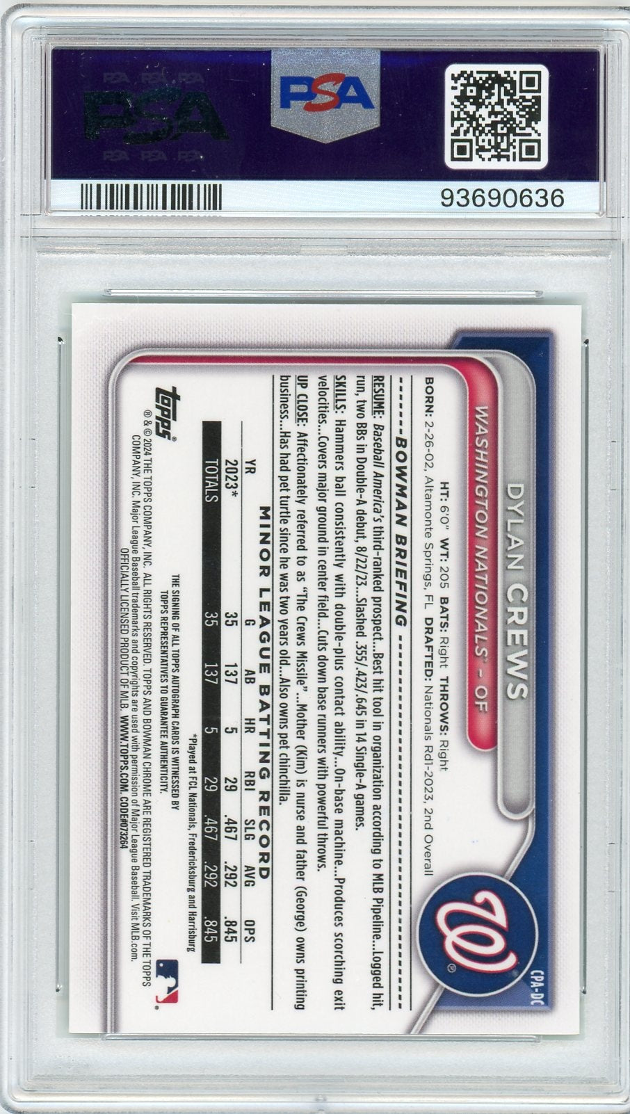 2024 Bowman Chrome Prospect Autographs #CPADC Dylan Crews Chr Prspct Au-Hta Grn Lava PSA 9