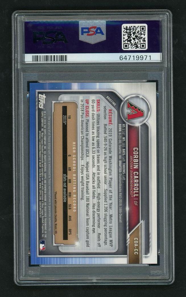 2019 Bowman Draft Chrome Corbin Carroll #CDA-CC Auto PSA 10