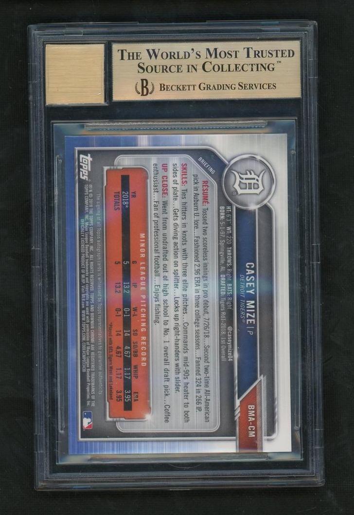 2019 Bowman Chrome Casey Mize #BMA-CM Auto BGS 9.5 Auto 10