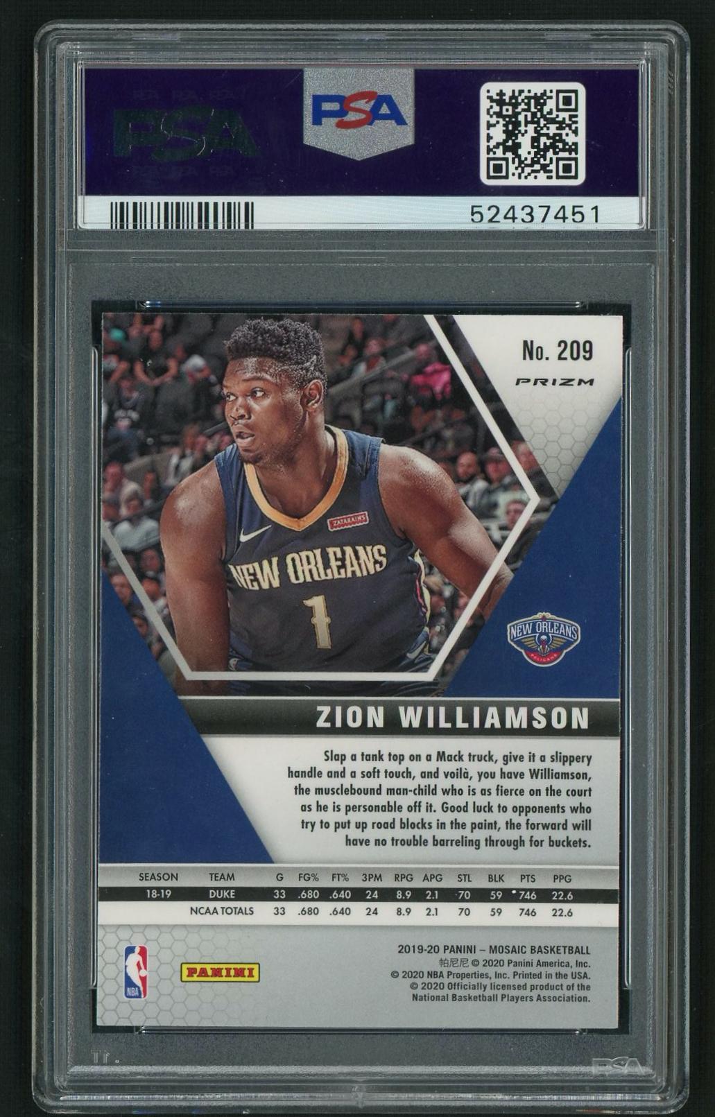 2019 Panini Mosaic Zion Williamson #209 RC PSA 10