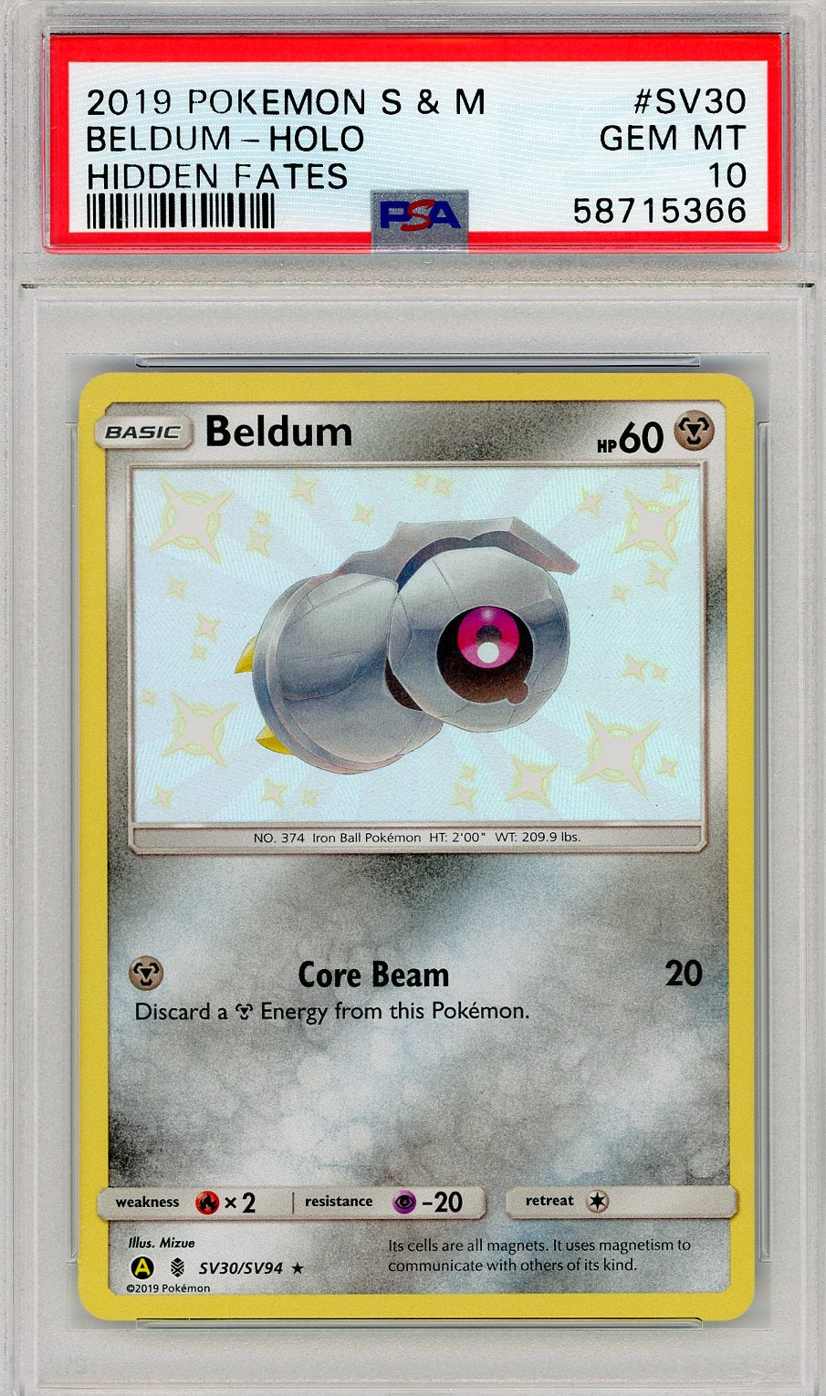 2019 Pokemon Sun and Moon Hidden Fates #SV30 Beldum Shiny Vault PSA 10