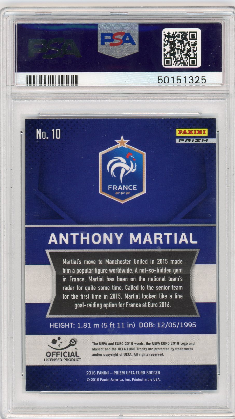 2016 Panini Prizm Red & Light Blue Anthony Martial #10 PSA 9