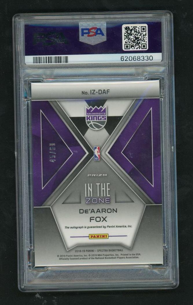 2018 Panini Spectra In The Zone Neon Blue De'Aaron Fox #IZ-DAF Auto /49 PSA 10