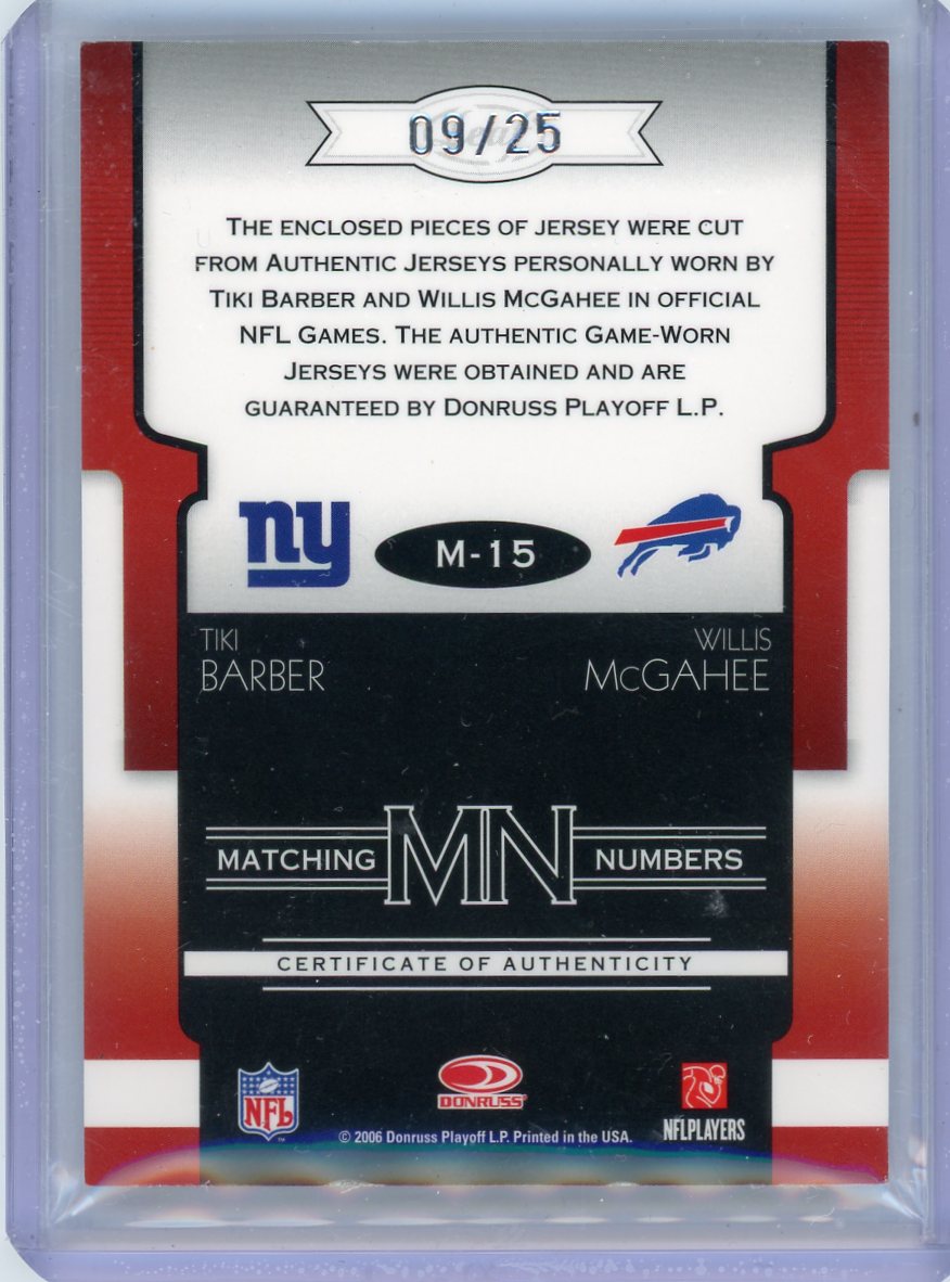 2006 Donruss Leaf Limited #M-15 Tiki Barber Willis McGahee /25 