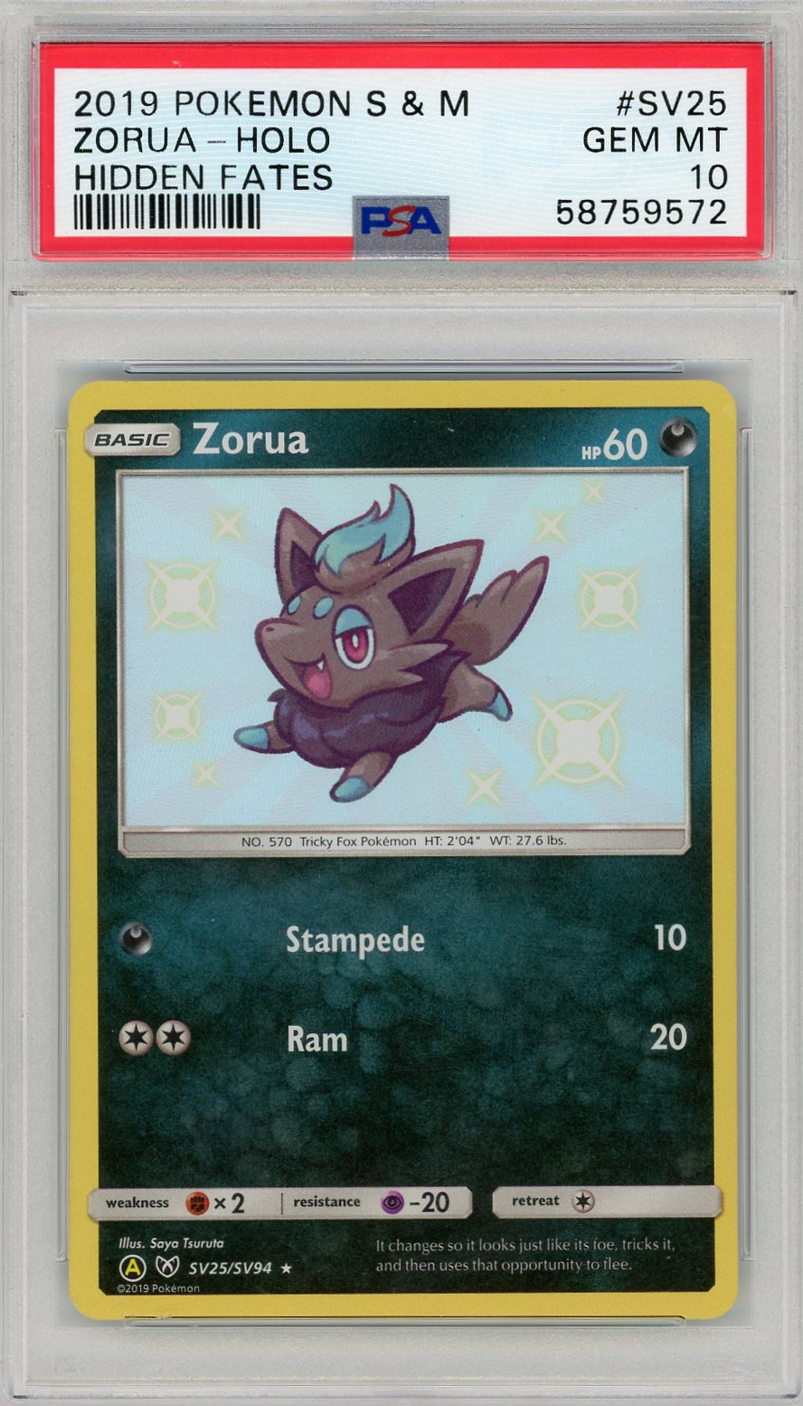 2019 Pokemon Sun and Moon Hidden Fates #SV25 Zorua Shiny Vault PSA 10