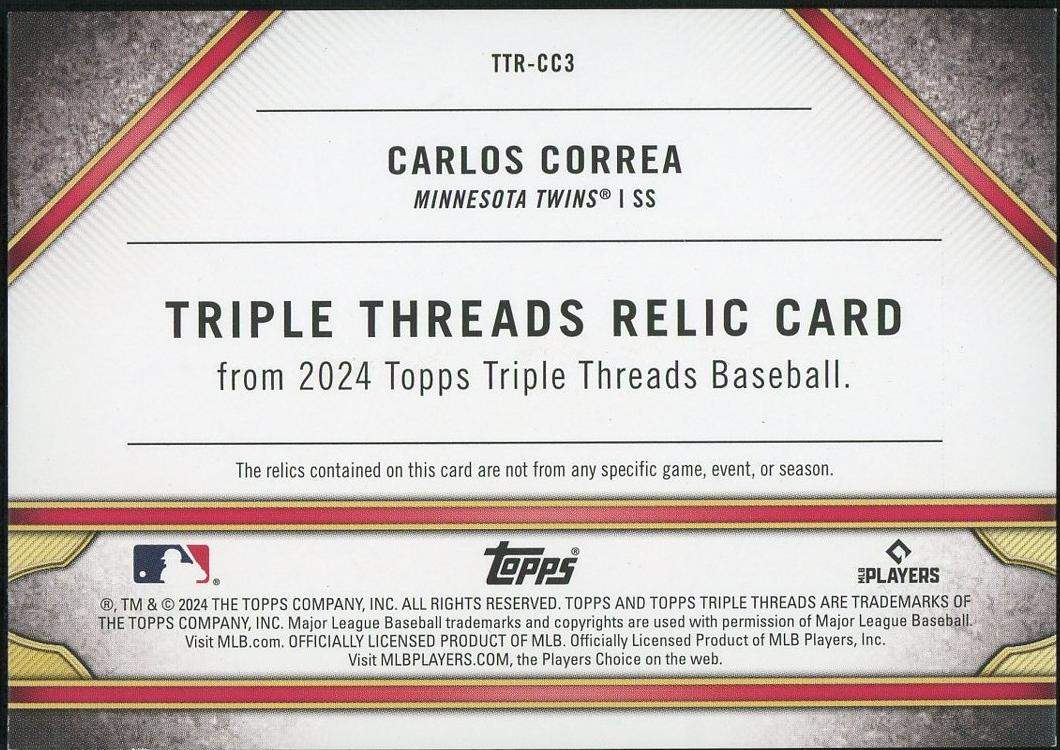 2024 Topps Triple Threads TTR-CC3 Carlos Correa Triple Threads Relic /36 Minnesota Twins