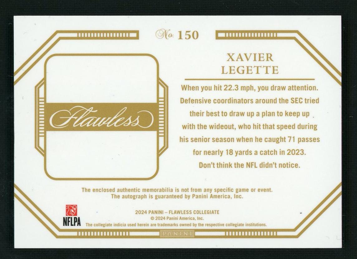 2024 Panini Flawless Xavier Legette #150 RC Patch Auto /25