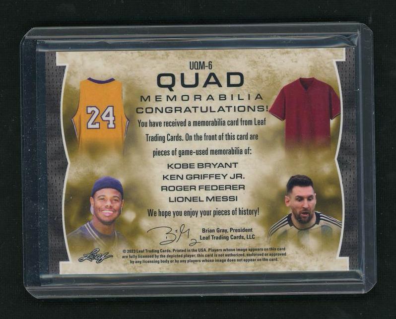 2021 Leaf Ultimate UQM-6 Kobe Bryant Ken Griffey Jr. Roger Federer Lionel Messi Quad Memorabilia /3