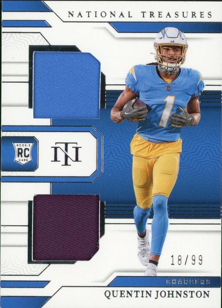 2023 Panini National Treasures RDM-QJN Quentin Johnston Rookie Dual Materials Rookie /99 Los Angeles Chargers