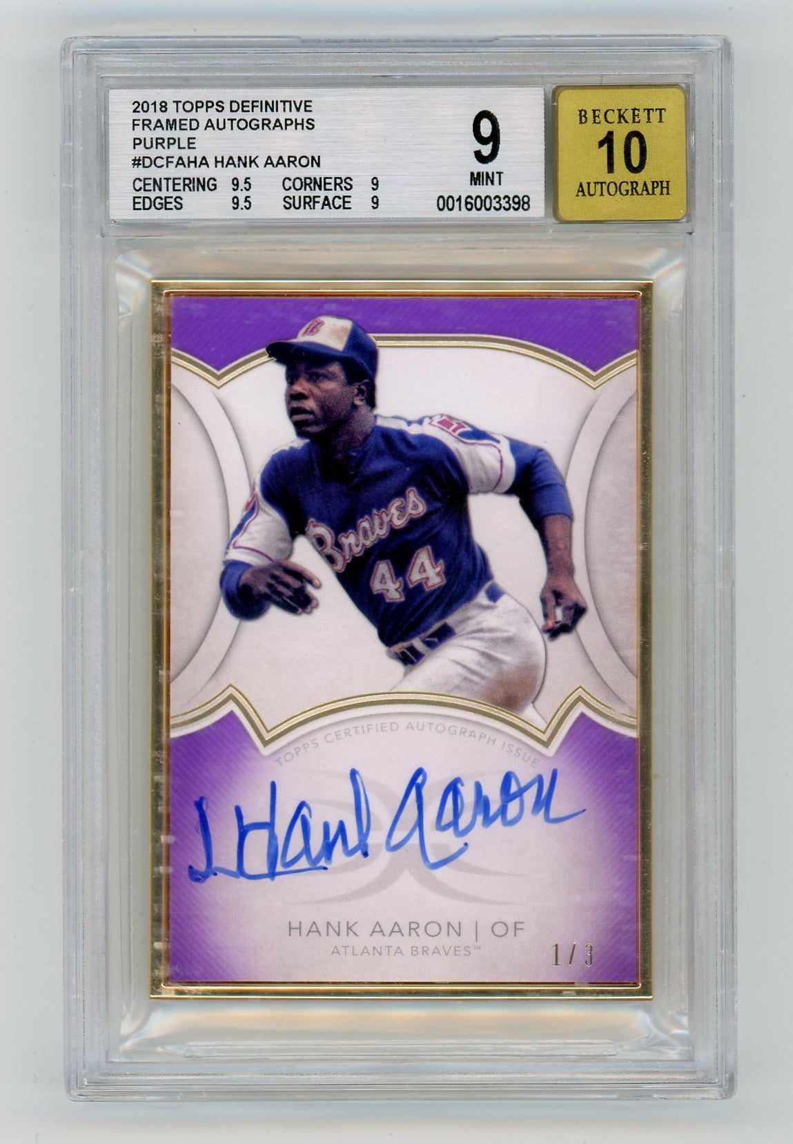 2018 Topps Definitive Purple Hank Aaron #DCFA-HA Auto 1/1 BGS 9 Auto 10