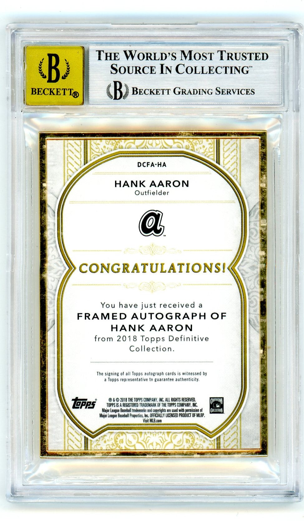 2018 Topps Definitive Purple Hank Aaron #DCFA-HA Auto 1/1 BGS 9 Auto 10