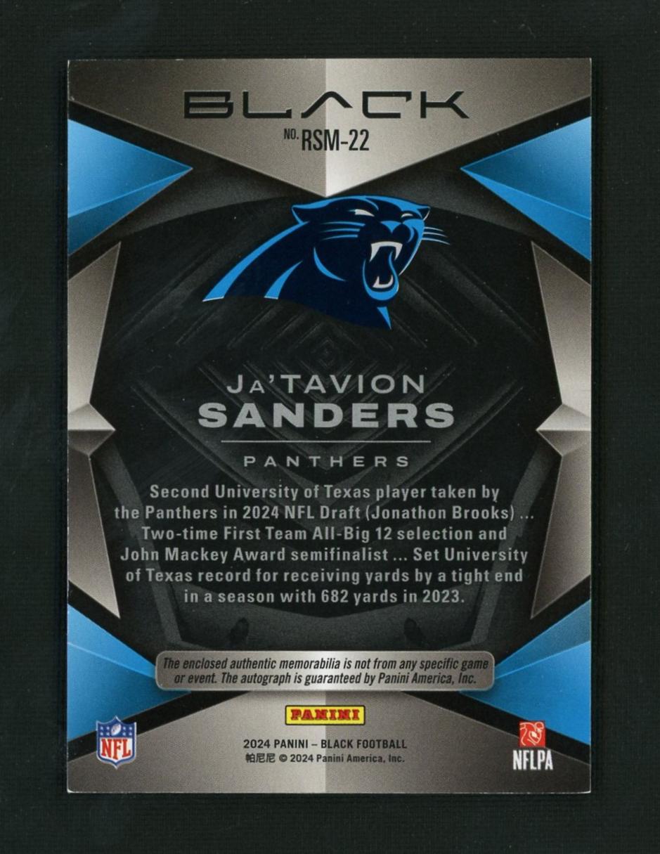 2023 Panini Black Ja'Tavion Sanders Rookie /75 Carolina Panthers Auto