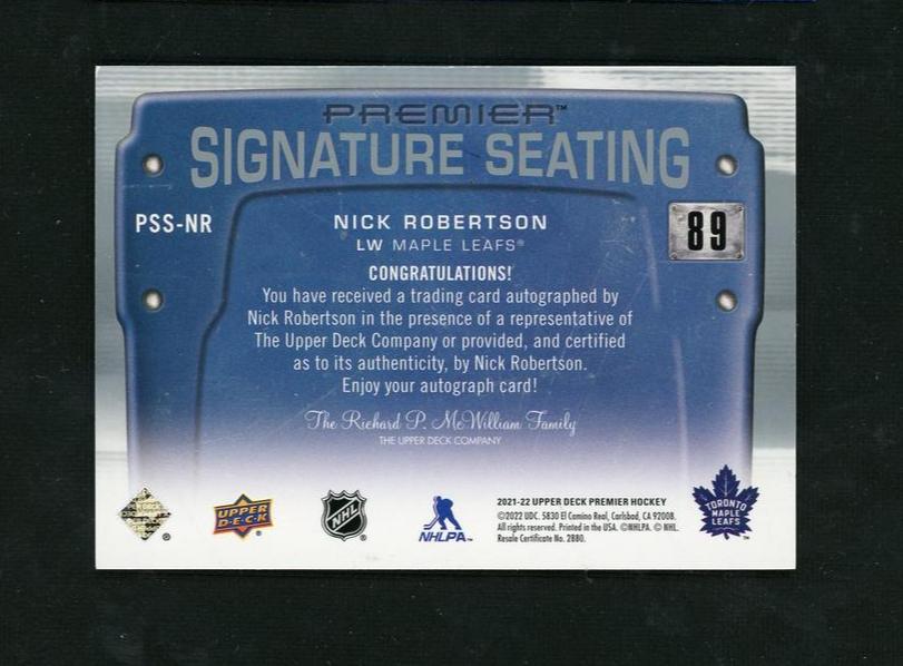2022 Upper Deck Premier PSS-NR Nick Robertson Signature Seating 89 Toronto Maple Leafs Auto