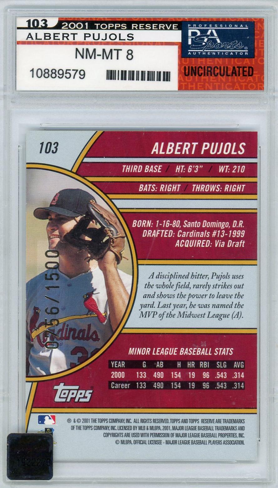 2001 Topps Reserve Albert Pujols #103 RC /1500 PSA 8