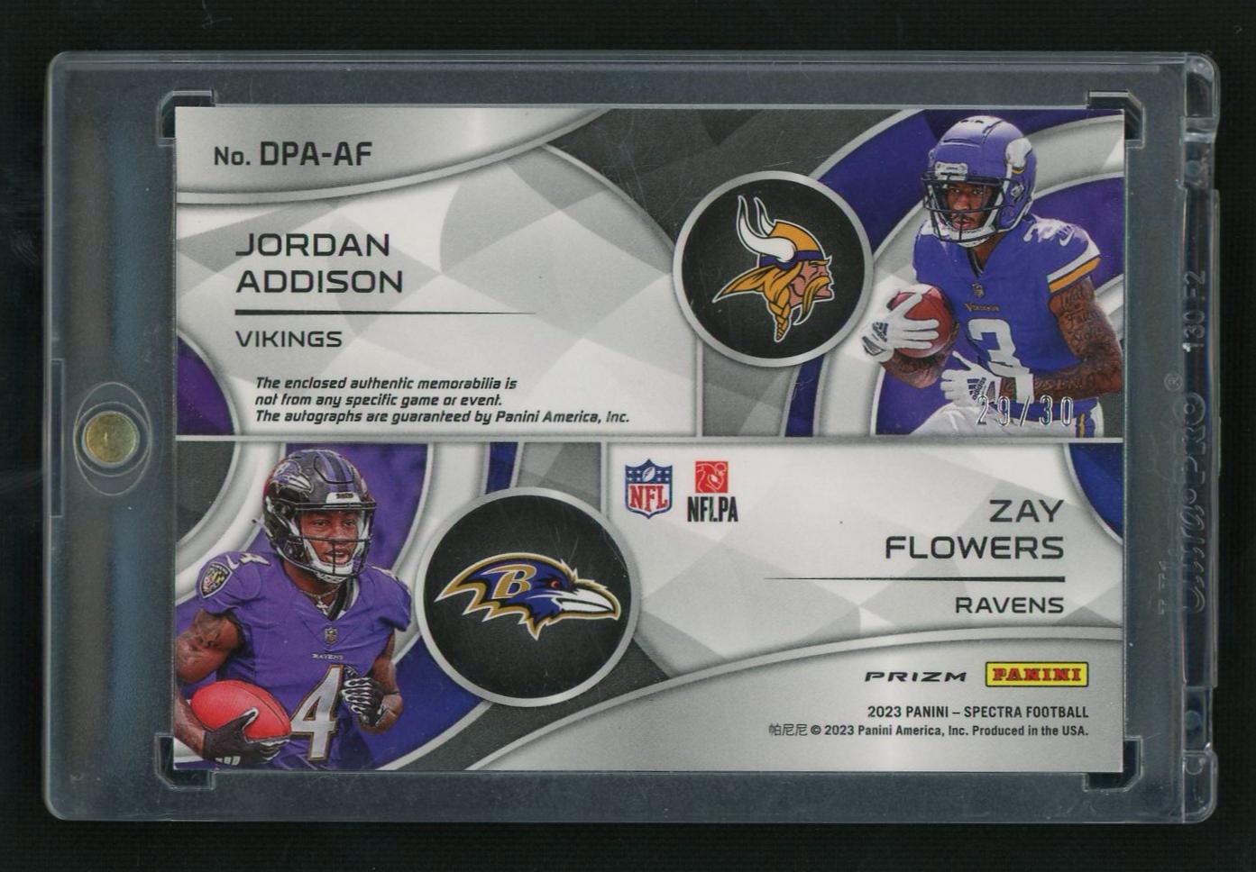 2023 Panini Spectra Jordan Addison Zay Flowers #DPA-AF RC Dual Patch Auto /30