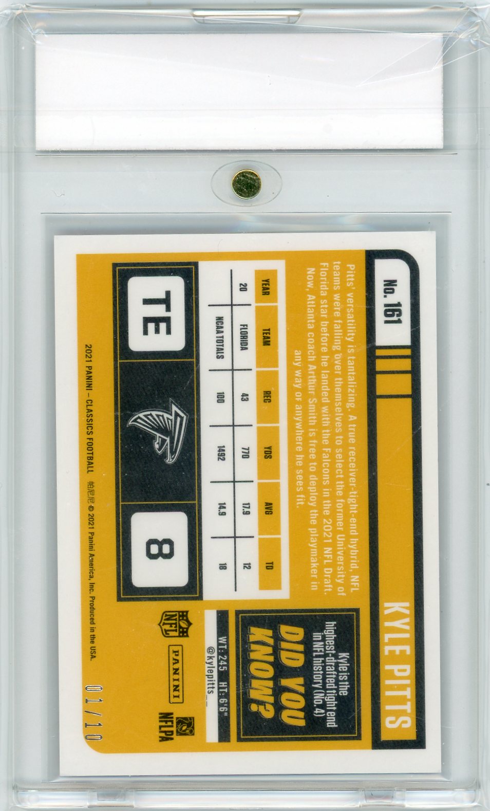2021 Panini Classics Timeless Tributes Kyle Pitts #161 RC /10