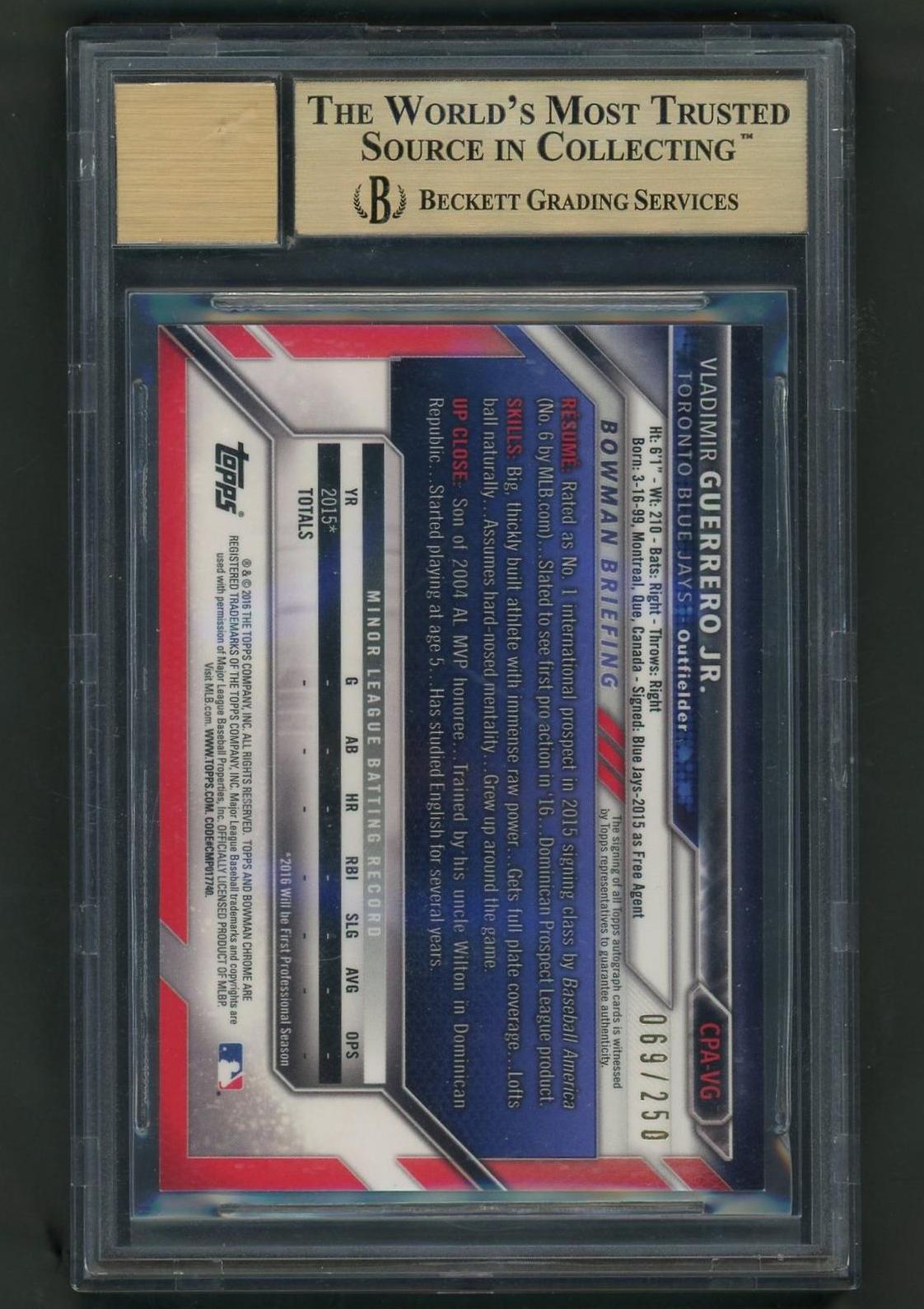 2016 Bowman Chrome Purple Refractor Vladimir Guerrero Jr. #CPA-VG Auto /250 BGS 9.5 Auto 10