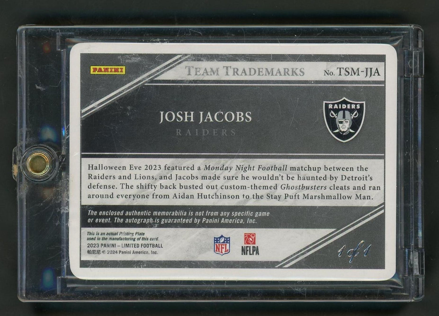 2023 Panini Limited Josh Jacobs 1/1 Patch Auto Printing Plate 