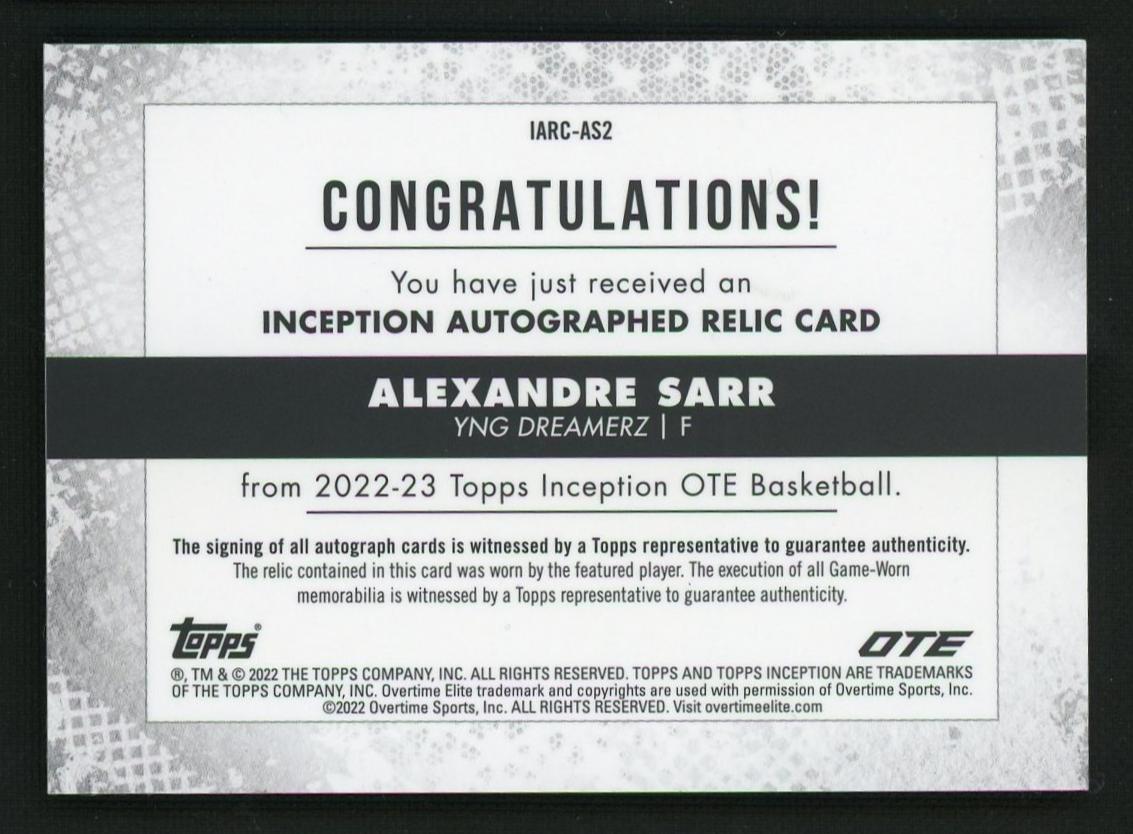 2022 Topps Inception Alexandre Sarr #IARC-AS2 Auto Patch /149