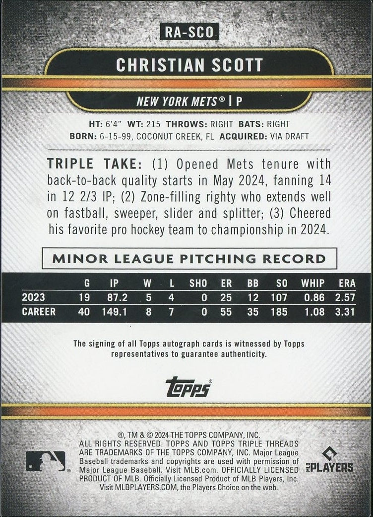 2024 Topps Triple Threads RA-SCO Christian Scott Rookie /199 New York Mets Auto