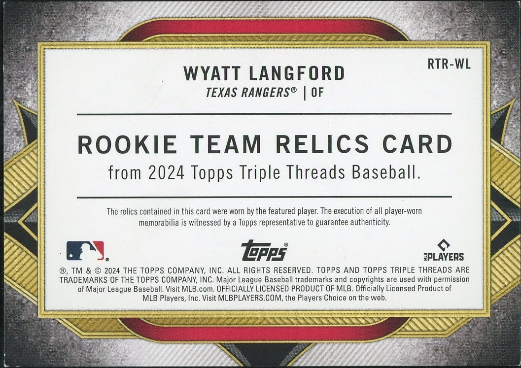 2024 Topps Triple Threads RTR-WL Wyatt Langford Rookie Team Relics Rookie /3 Texas Rangers