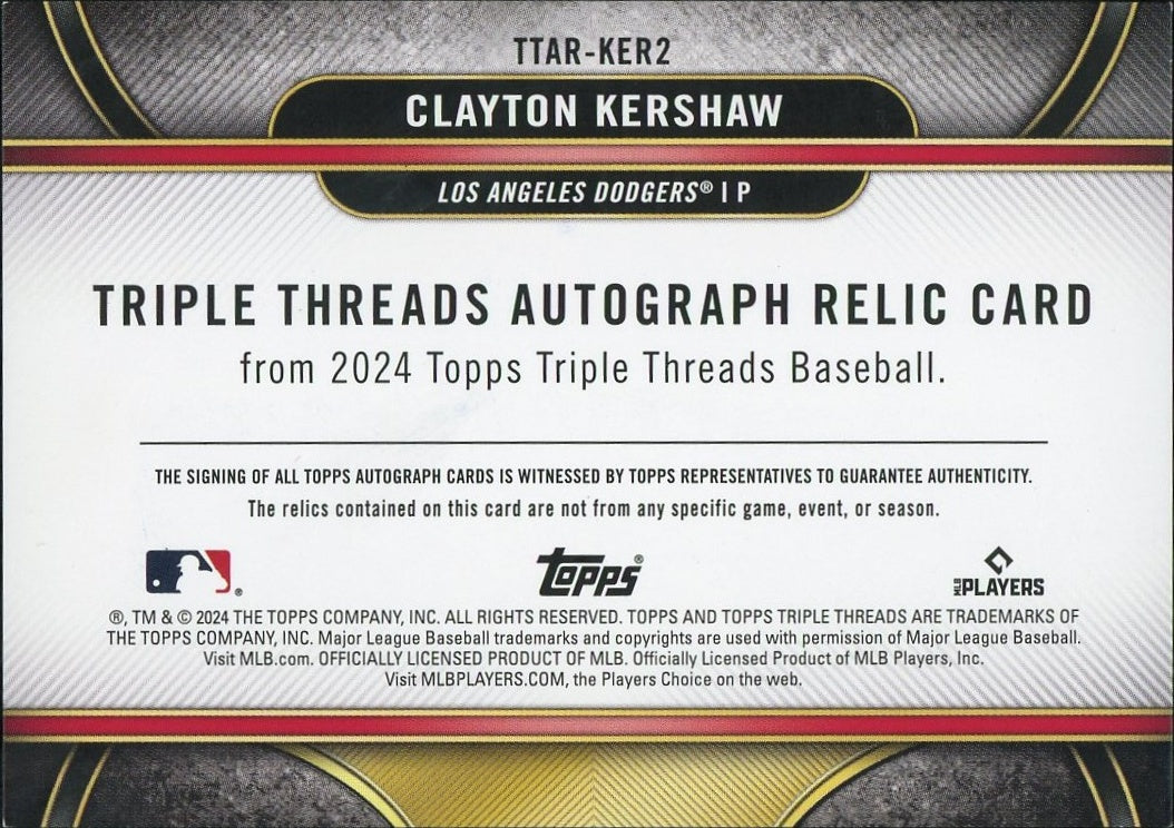 2024 Topps Triple Threads TTAR-KER2 Clayton Kershaw /16 Los Angeles Dodgers Auto