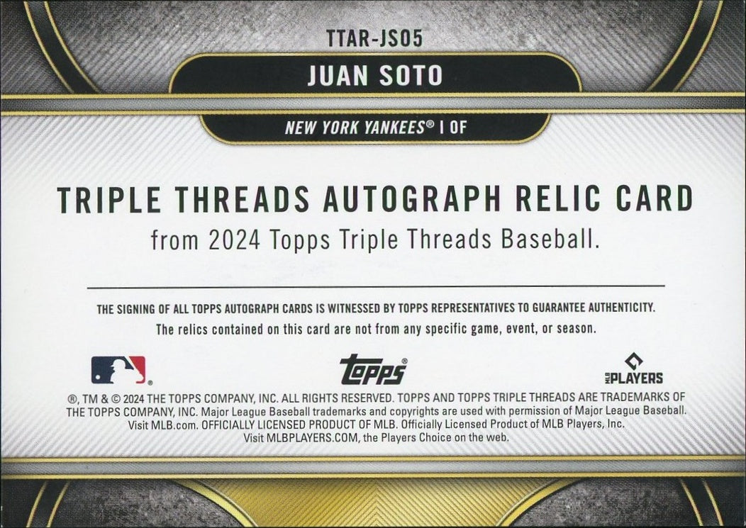 2024 Topps Triple Threads TTAR-JS05 Juan Soto Triple Threads Autograph Relic Card /18 New York Yankees