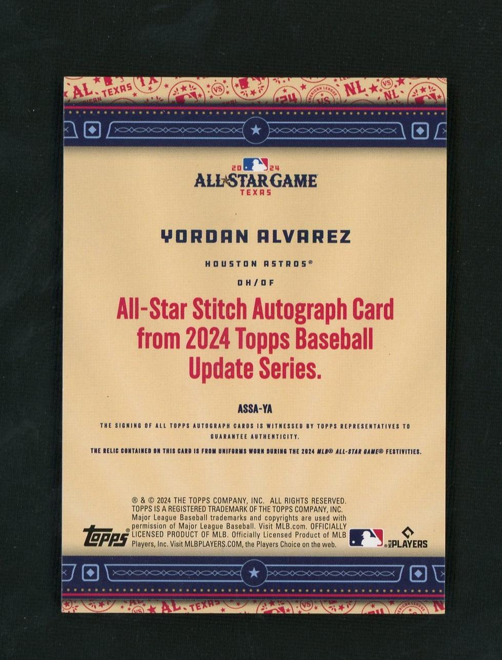2024 Topps ASSA-YA Yordan Alvarez All-Star Stitch Autograph Card /25 Houston Astros