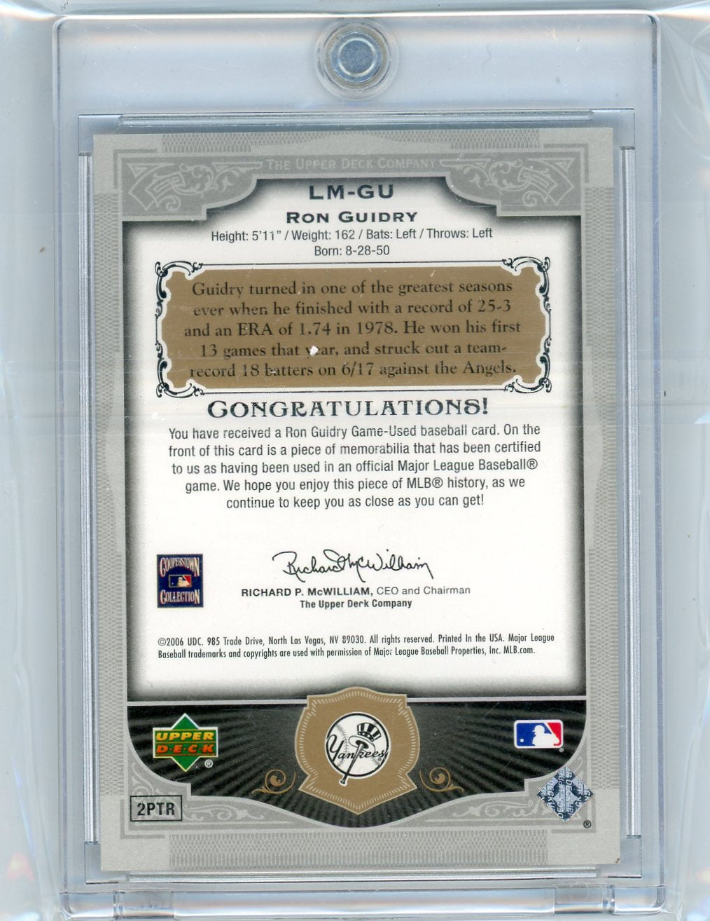 2006 SP Legendary Cuts Legendary Materials Gold Ron Guidry Pants #GU /225