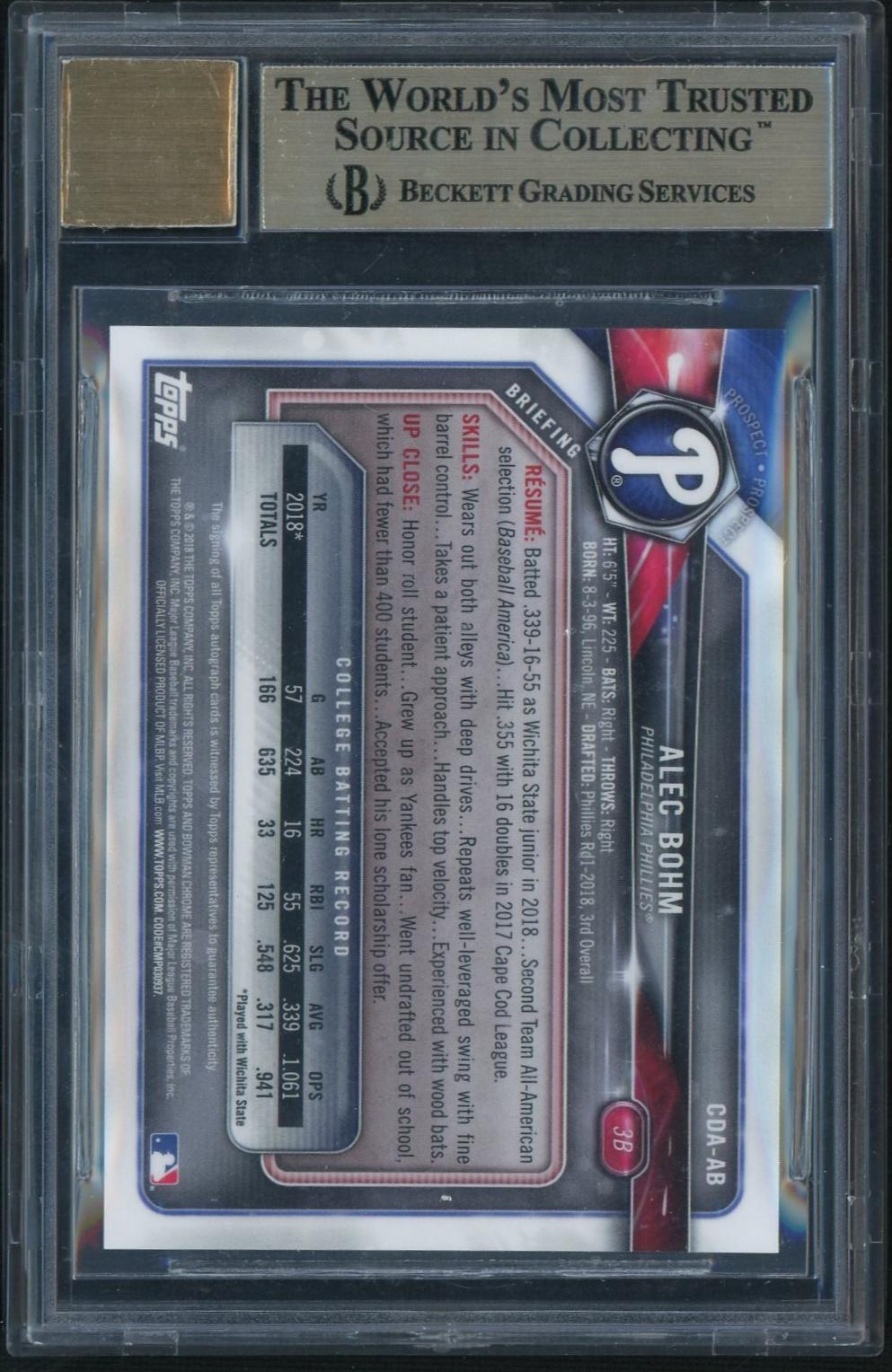 2018 Bowman Chrome Draft Alec Bohm #CDAAB Auto BGS 9.5 Auto 10