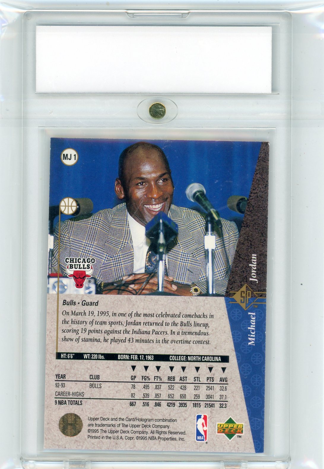 1995 Upper Deck Jordan Collection Michael Jordan He's Back #JC15