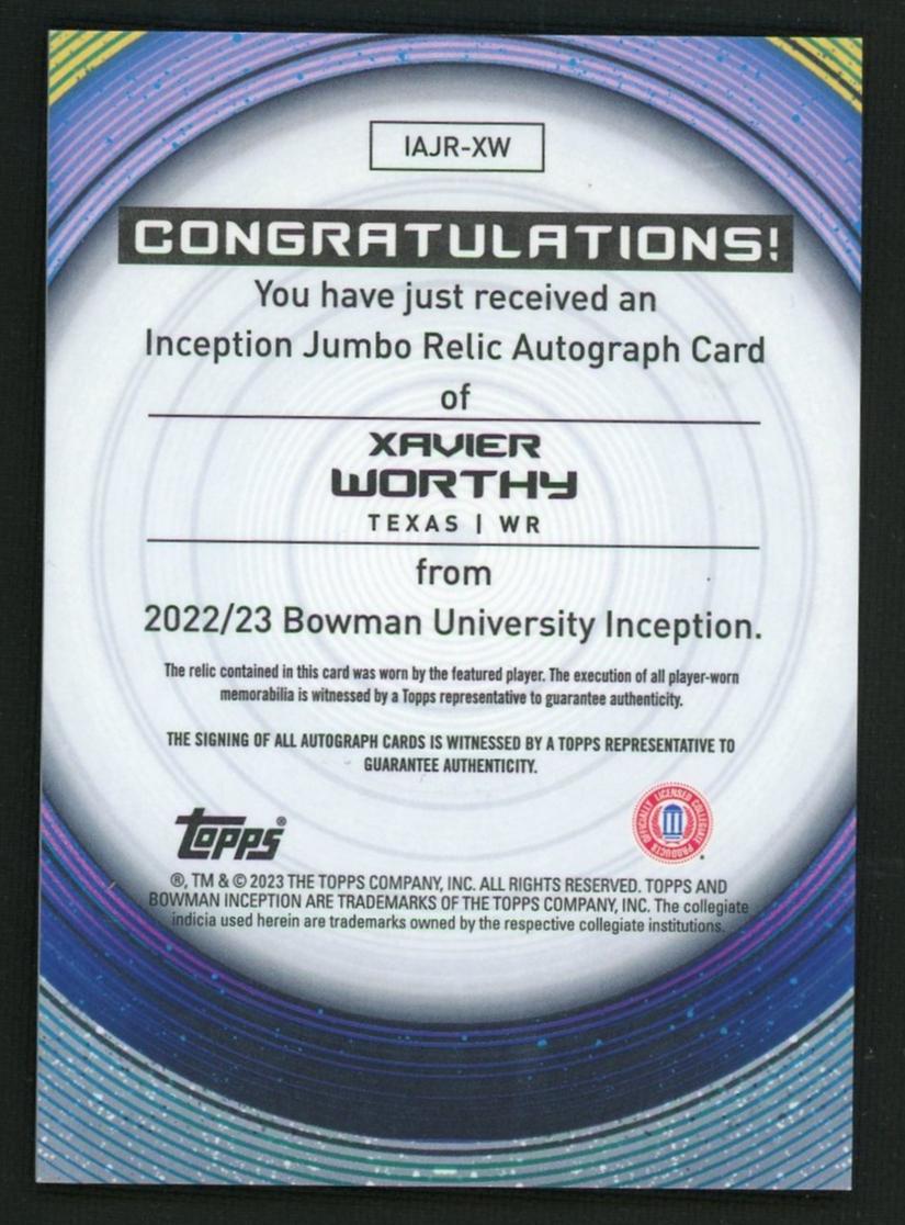 2022-23 Bowman U Inception Jumbo Relic Xavier Worthy #IAJR-XW Patch Auto /199