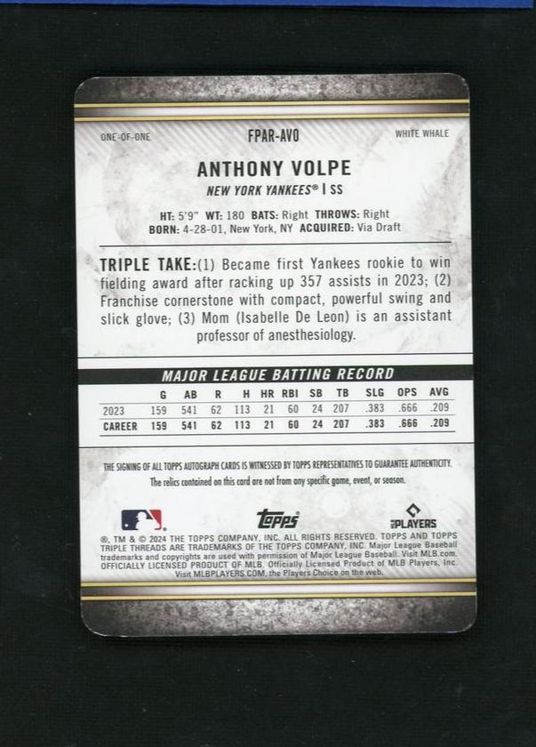 2023 Topps Triple Threads FPAR-AVJ Anthony Volpe Future Phenoms Autographed Relic White Rookie 1/1 New York Yankees