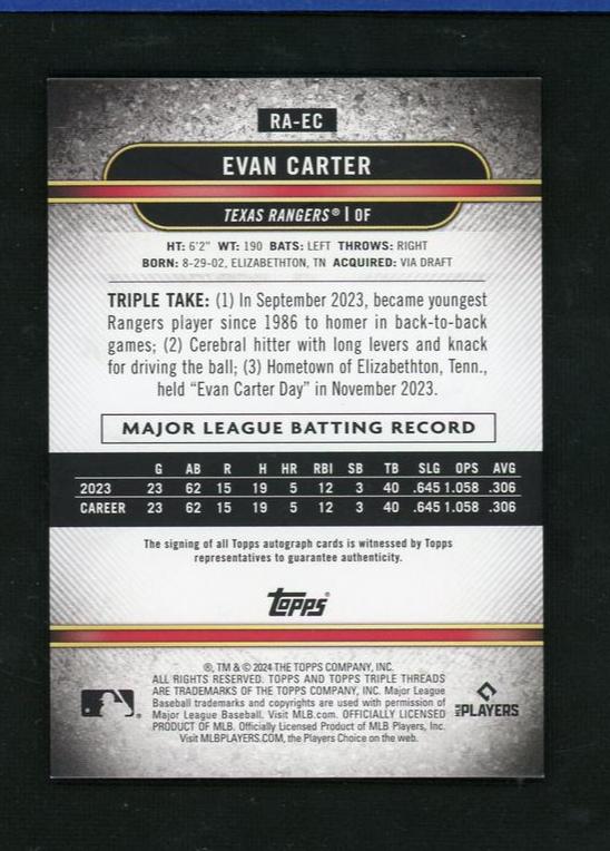 2023 Topps RA-EC Evan Carter Rookie Texas Rangers Auto