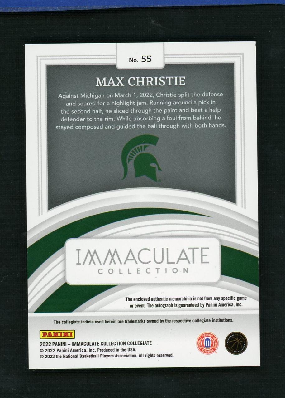 2022 Panini Immaculate Collection 55 Max Christie Rookie /49 Michigan State Auto