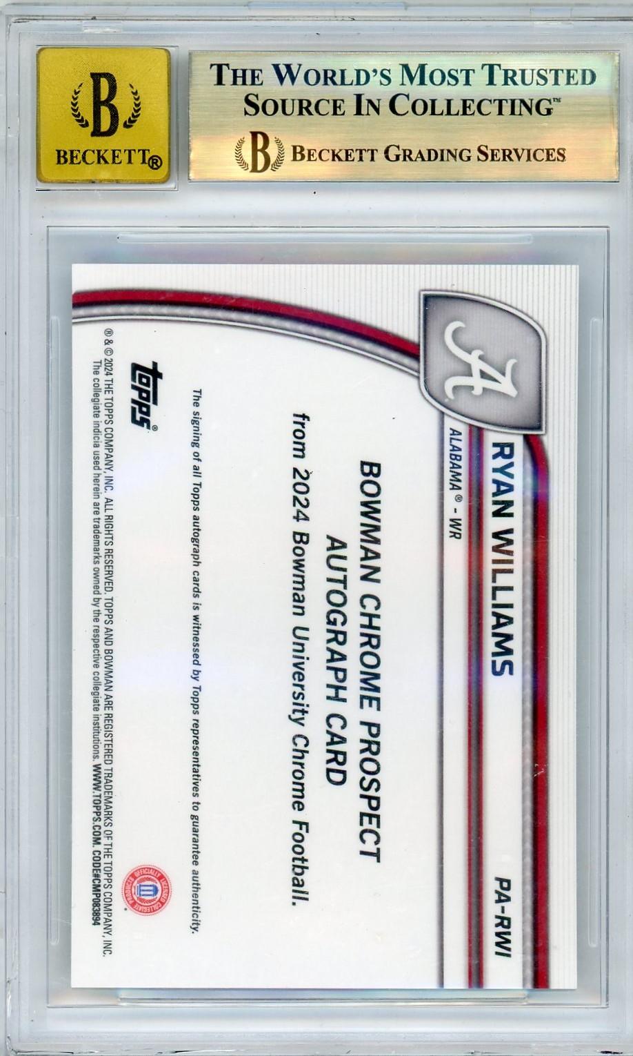 2024 Bowman Chrome Black Refractors Ryan Williams #PA-RWI Auto /60 BGS 10 Auto 10