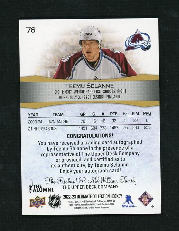 2022 Upper Deck Ultimate Collection Teemu Selanne #76 Auto