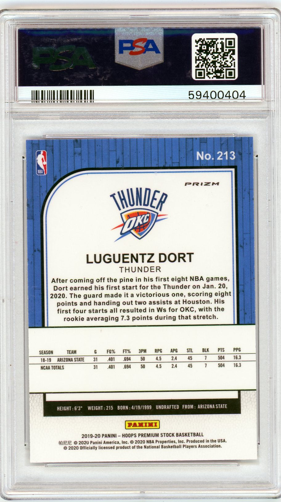 2019 Panini Hoops Premium Stock #213 Luguentz Dort Pulsar Rookie PSA 10