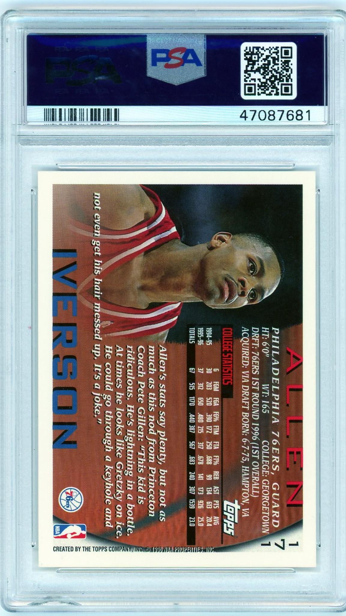 1996 Topps #171 Allen Iverson Rookie PSA 9 Mint Philadelphia 76ers