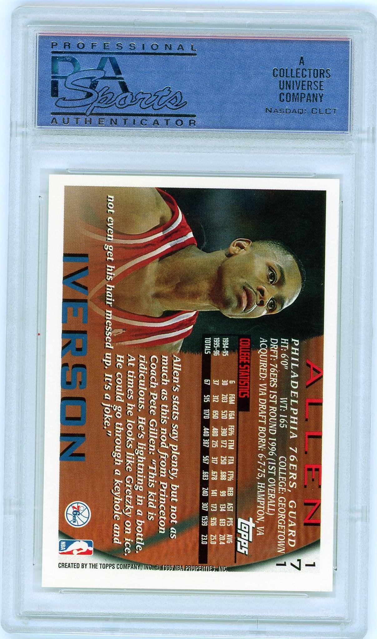 1996 Topps #171 Allen Iverson Rookie PSA 9 Mint Philadelphia 76ers